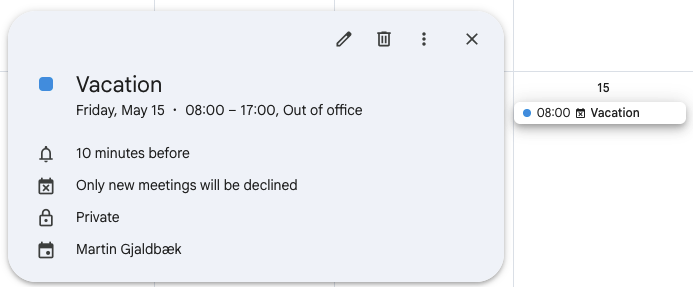 Out of office event on personal Google Calendar