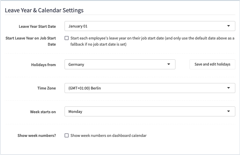 Screenshot of Leave Year & Calendar Settings